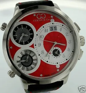 CURTIS & CO. BIG TIME WORLD RED DIAL STEEL 4 TIME ZONE