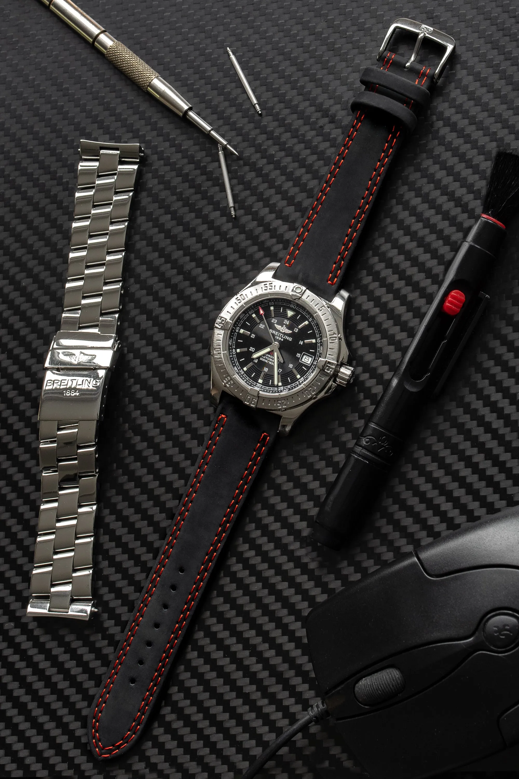 Di-Modell COLORADO Rubber-Coated Leather Watch Strap in BLACK with RED Stitching