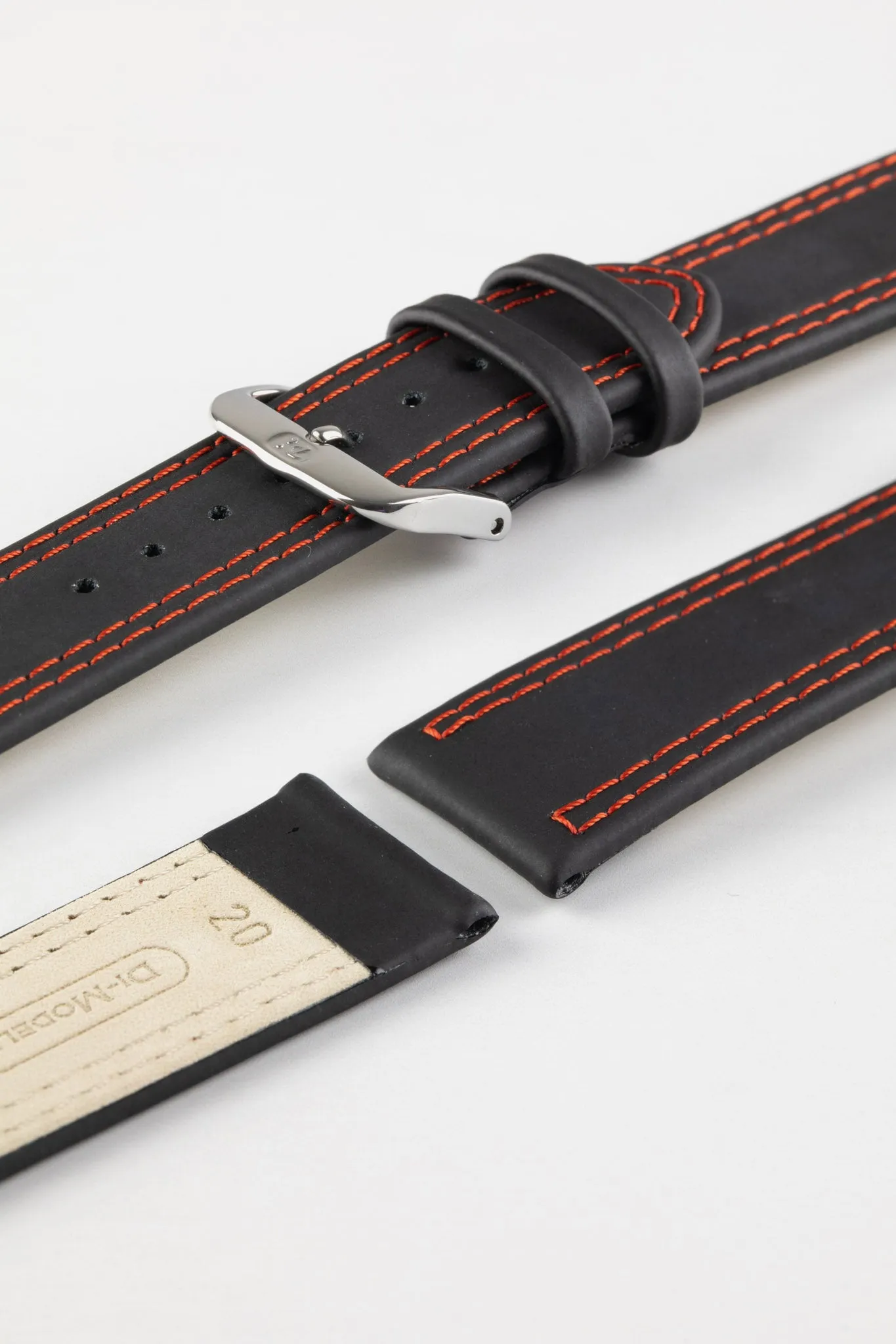 Di-Modell COLORADO Rubber-Coated Leather Watch Strap in BLACK with RED Stitching