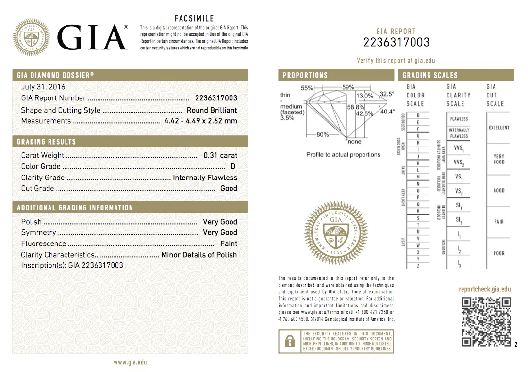 Diamond 0.31 CT D-FLAWLESS GIA Certified Natural Loose Round Cut Brilliant