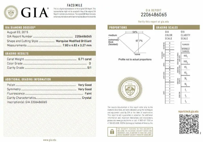 Diamond Natural Loose Marquise Cut 0.71 Ct D Color SI1 Clarity GIA Certified