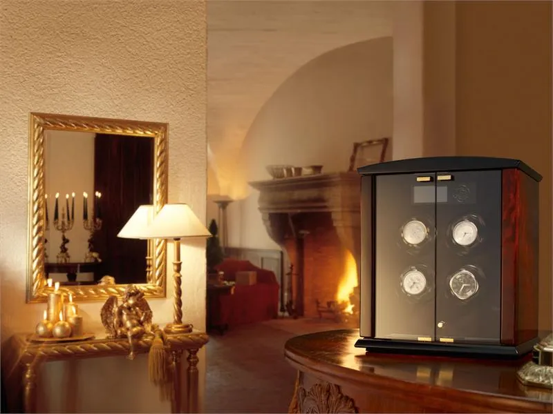 Elma Motion Corona 4 Quad Watch winder - Burl Wood Piano Finish/Glass Doors