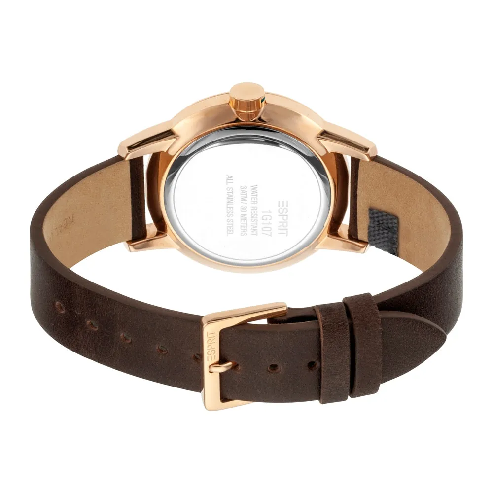 Esprit Men's IP Gold Watch White Dial & Brown Strap
