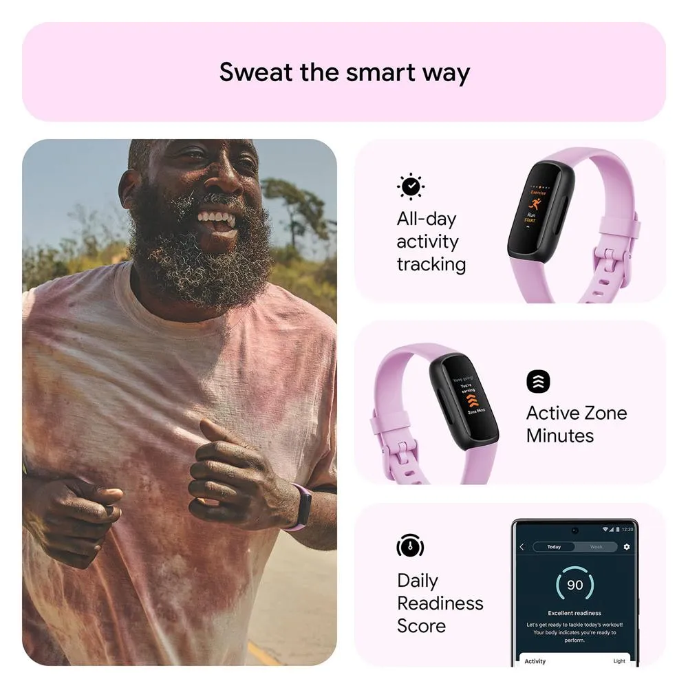 Fitbit Inspire 3 Health & Fitness Tracker, Lilac Bliss/Black w/ Fitness Bundle