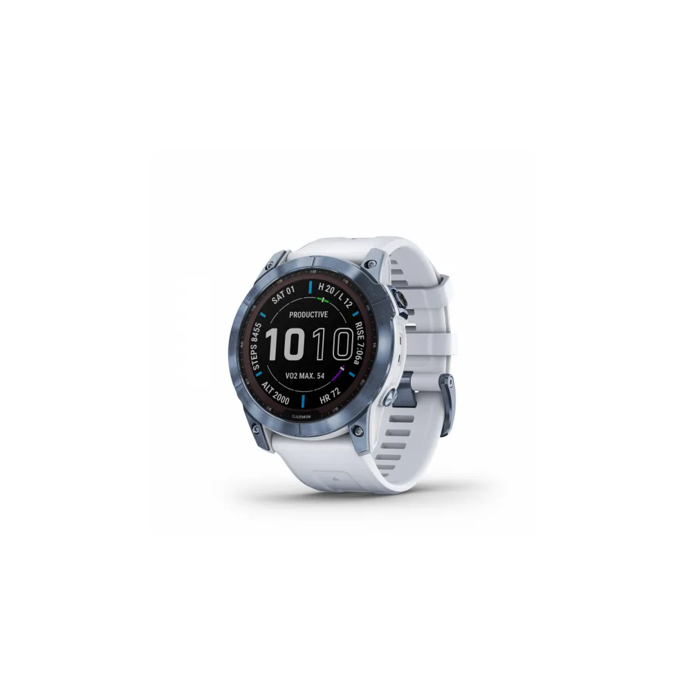 Garmin Fenix 7 Sapphire Solar Smart Watch Touchscreen - Mineral Blue DLC Titanium with Whitestone Band