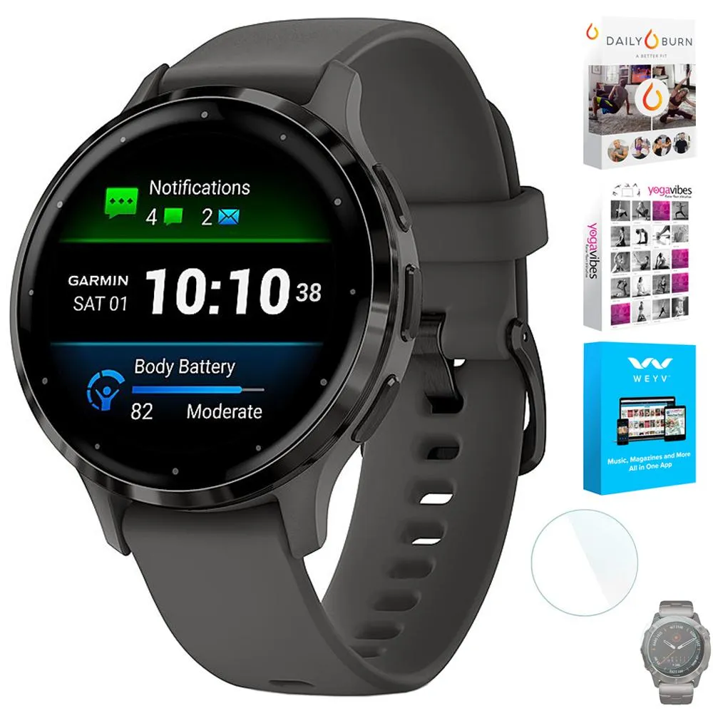 Garmin Venu 3S Fitness GPS Smartwatch Steel Bezel w/ Pebble Gray Case   Accessories Kit