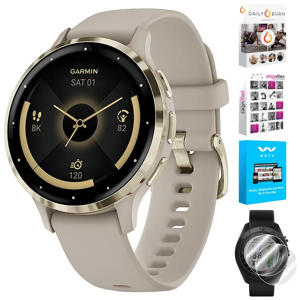 Garmin Venu 3S GPS Smartwatch Gold Steel Bezel w/French Gray Case   Accessories Kit