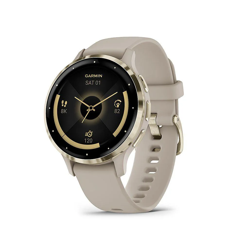 Garmin Venu 3S GPS Smartwatch Gold Steel Bezel w/French Gray Case   Accessories Kit