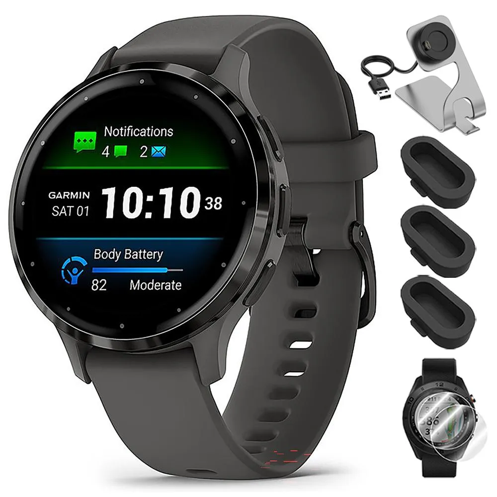 Garmin Venu 3S GPS Smartwatch Steel with Gray Case 41mm   Charging Dock Bundle