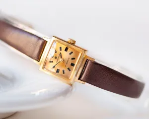 Germany made women's watch Junghans, gold plated wrist watch Cal. 674 vintage, minimalist watch retro square case, premium leather strap new