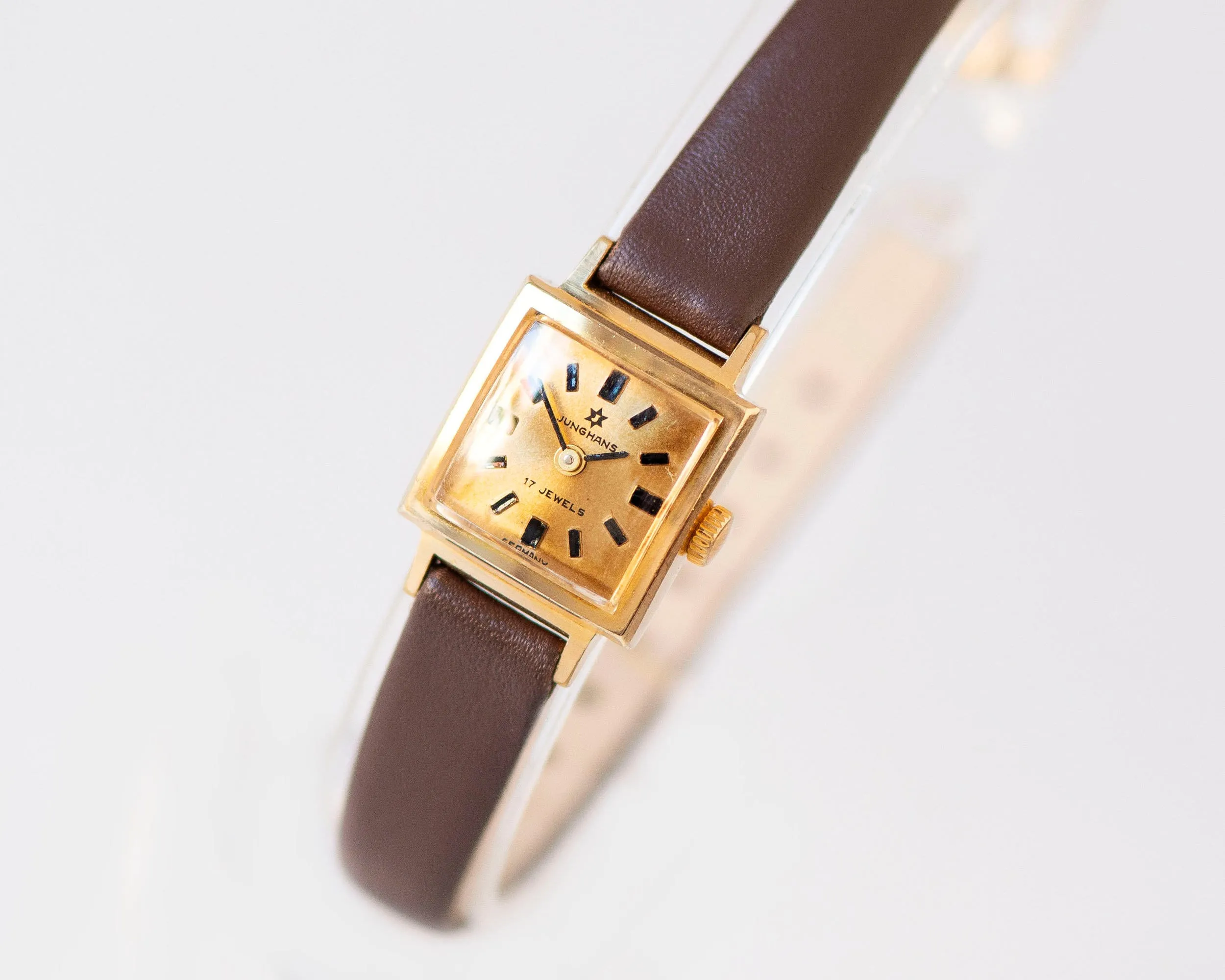 Germany made women's watch Junghans, gold plated wrist watch Cal. 674 vintage, minimalist watch retro square case, premium leather strap new