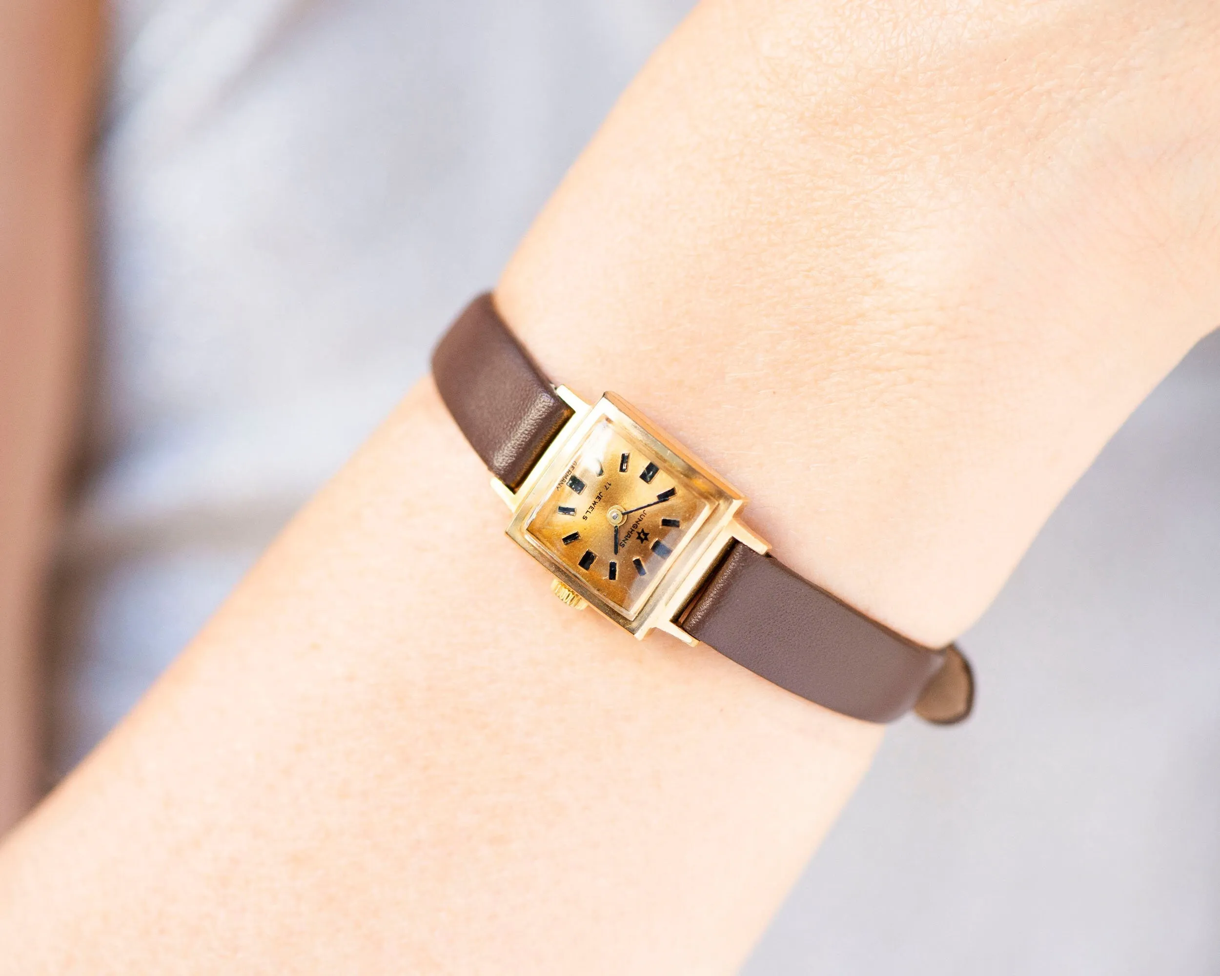 Germany made women's watch Junghans, gold plated wrist watch Cal. 674 vintage, minimalist watch retro square case, premium leather strap new