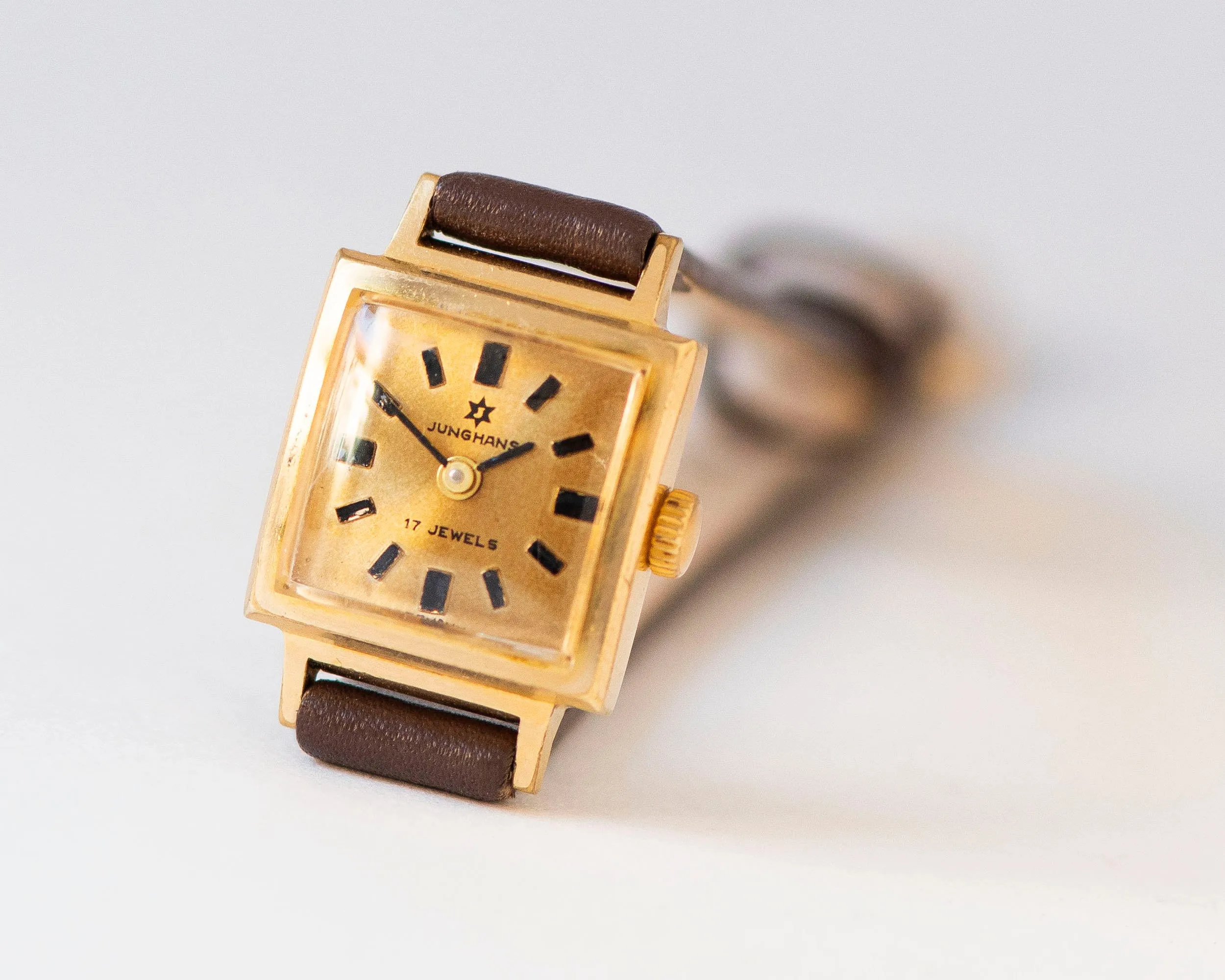 Germany made women's watch Junghans, gold plated wrist watch Cal. 674 vintage, minimalist watch retro square case, premium leather strap new