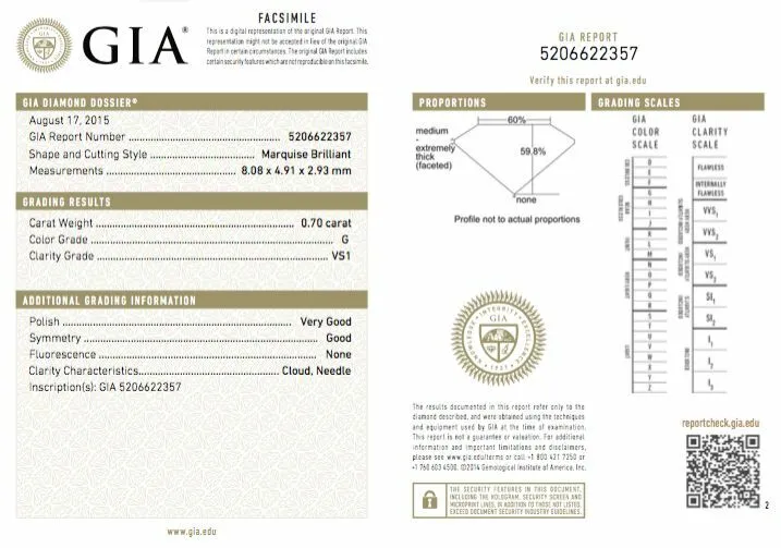 GIA Certified Natural Marquise Cut Loose Diamond 0.70 CT G Color VS1 Clarity