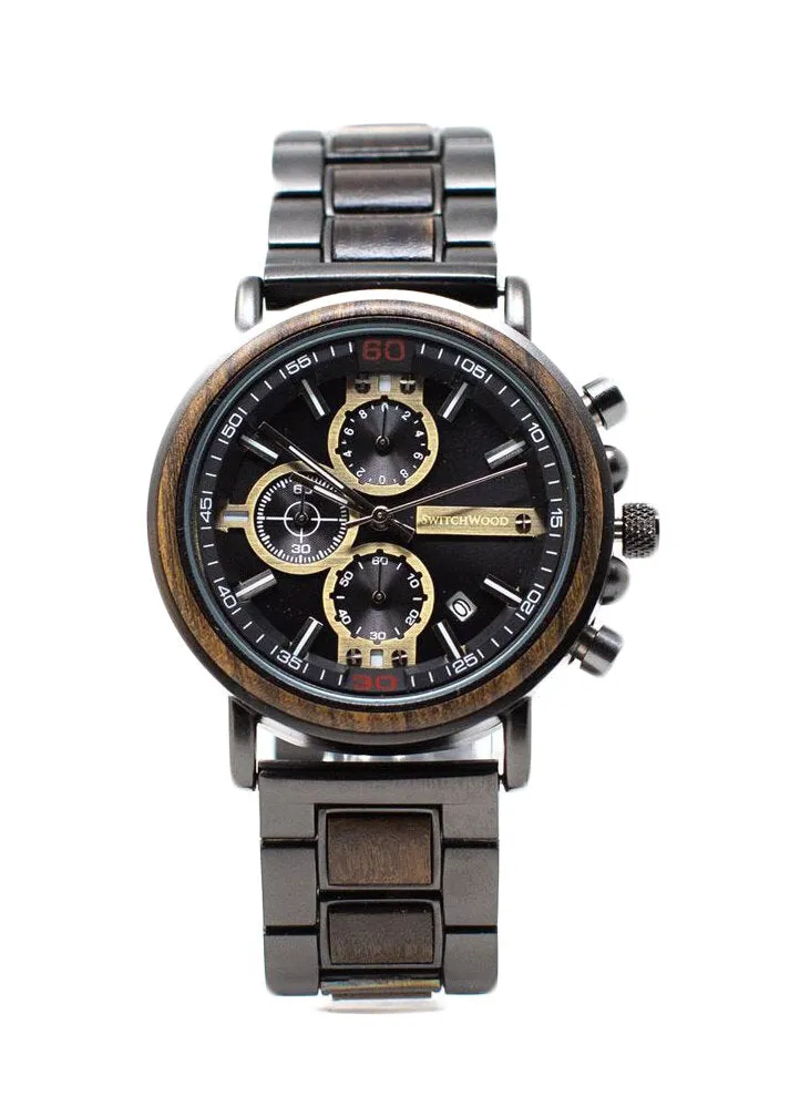 Gunmetal Chrono - Stainless Steel & Ebony Wood Watch by Switchwood