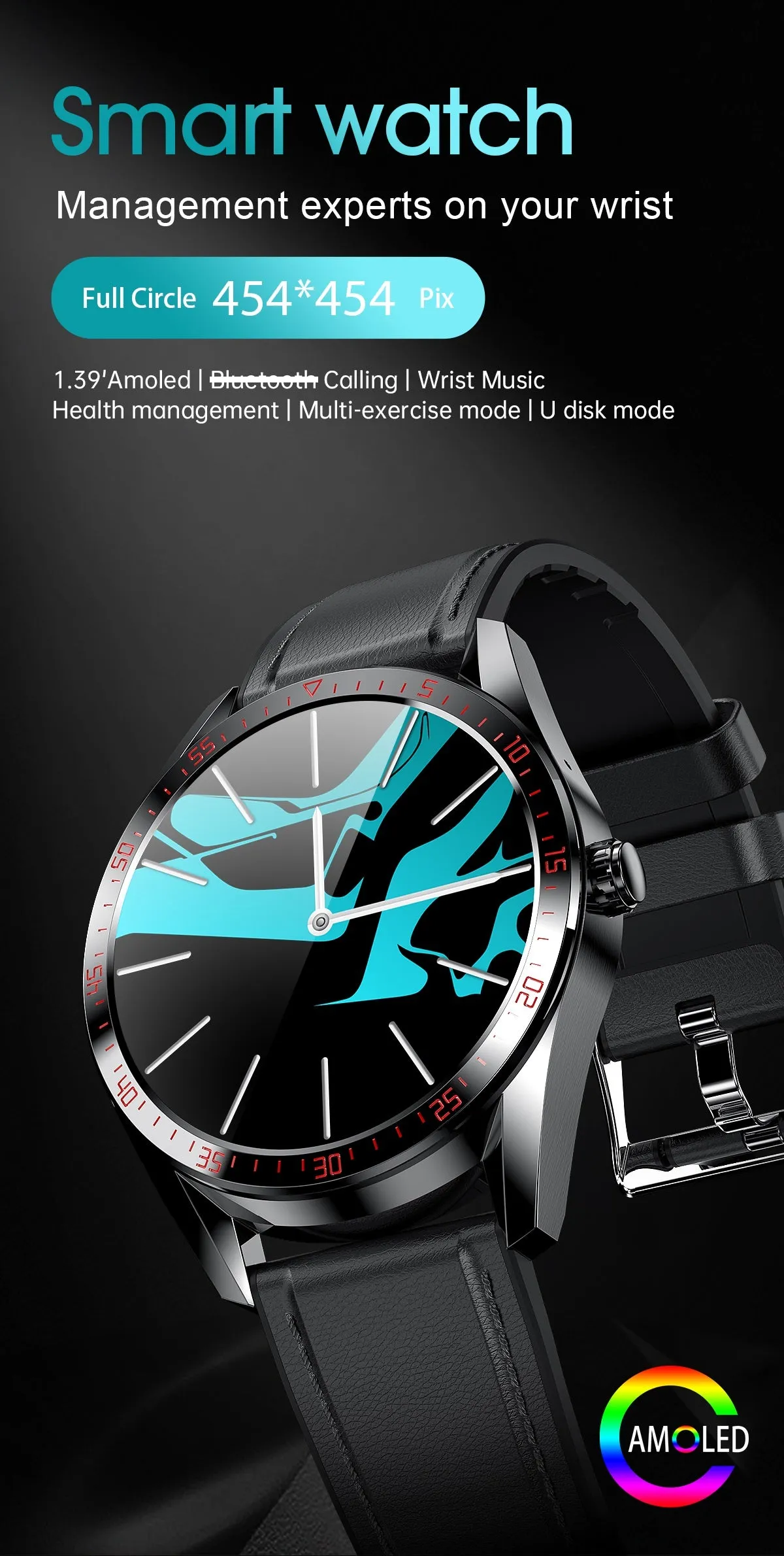 IP68 waterproof 1.39inch Amoled smartwatch calling with MP3 local music smart watch Amoled leather wristband