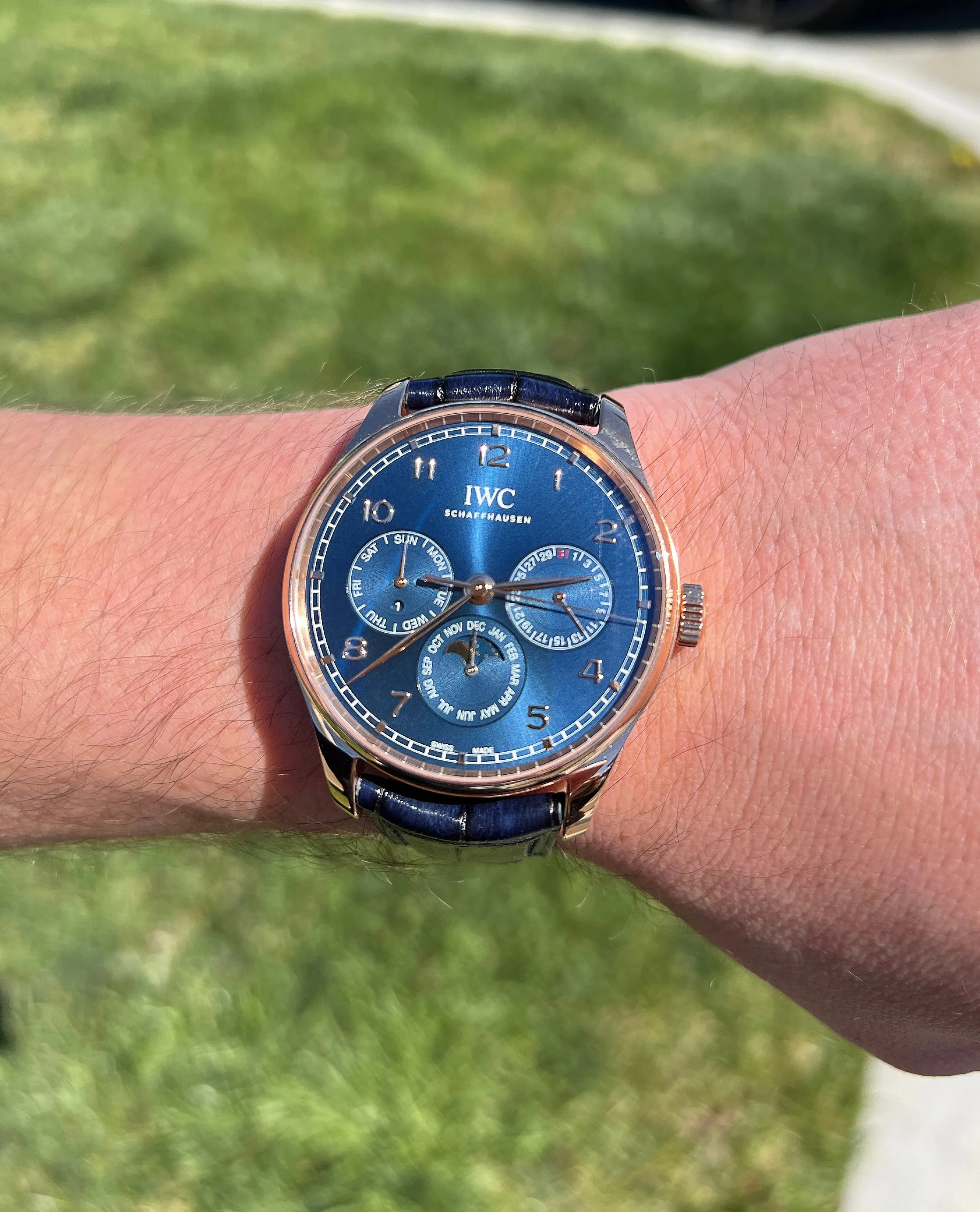 IWC Men's Portugieser Perpetual Calendar Rose Gold 42mm Blue Chronograph Dial Watch Reference #: IW344205