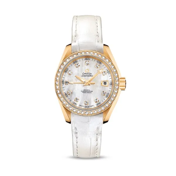 Ladies Aqua Terra 150M Omega Seamaster 30mm Watch - Ref: 231.58.30.20.55.002 - White Mother of Pearl Diamond Index Dial & Diamond Bezel in 18K Yellow Gold Case, White Leather Strap