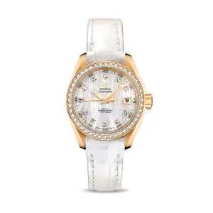 Ladies Aqua Terra 150M Omega Seamaster 30mm Watch - Ref: 231.58.30.20.55.002 - White Mother of Pearl Diamond Index Dial & Diamond Bezel in 18K Yellow Gold Case, White Leather Strap