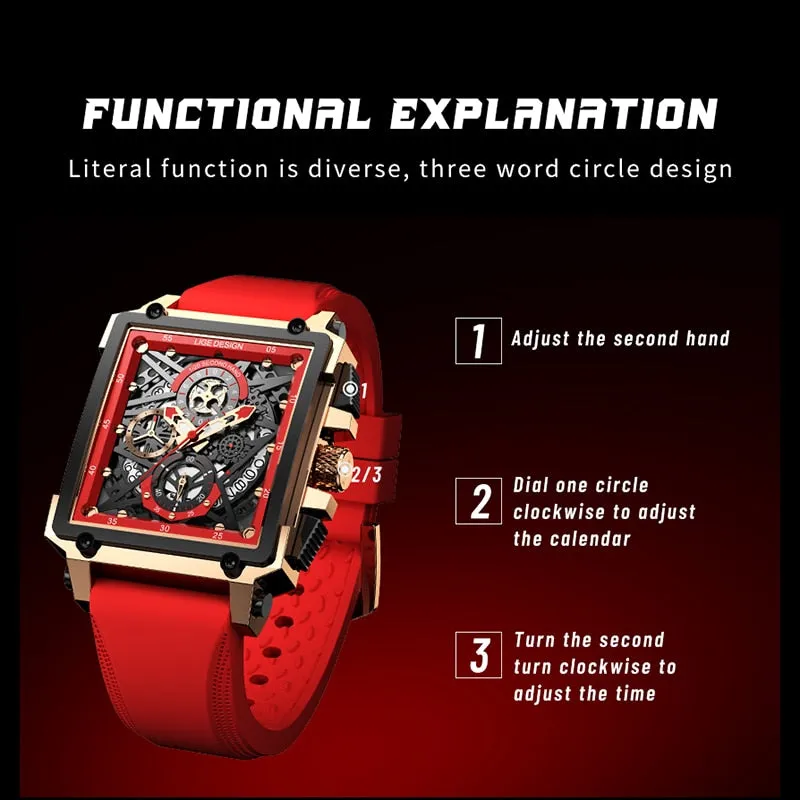 LIGE Men’s Watch Hollow Square Waterproof Sport Fashion Quartz Silicon Strap Wristwatch