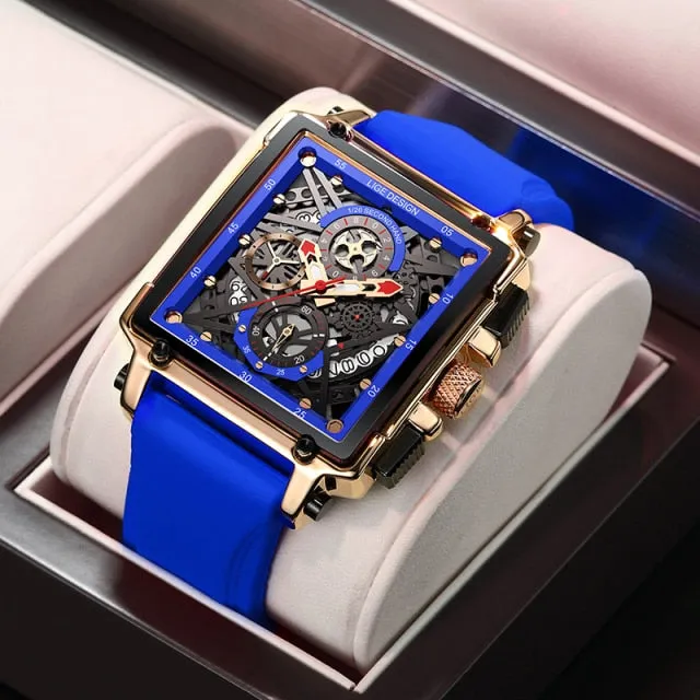 LIGE Men’s Watch Hollow Square Waterproof Sport Fashion Quartz Silicon Strap Wristwatch