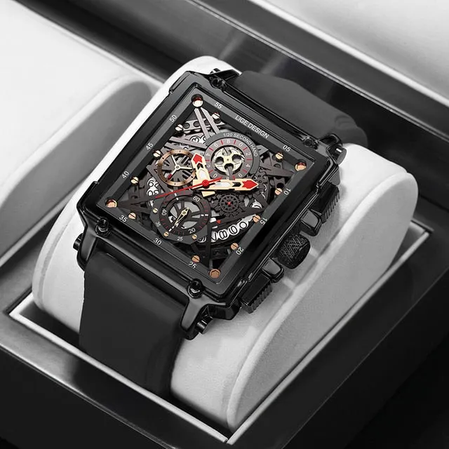 LIGE Men’s Watch Hollow Square Waterproof Sport Fashion Quartz Silicon Strap Wristwatch