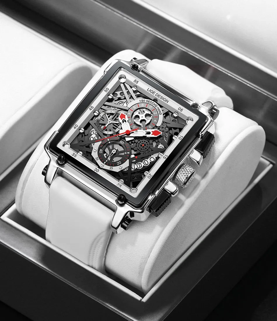 LIGE Men’s Watch Hollow Square Waterproof Sport Fashion Quartz Silicon Strap Wristwatch