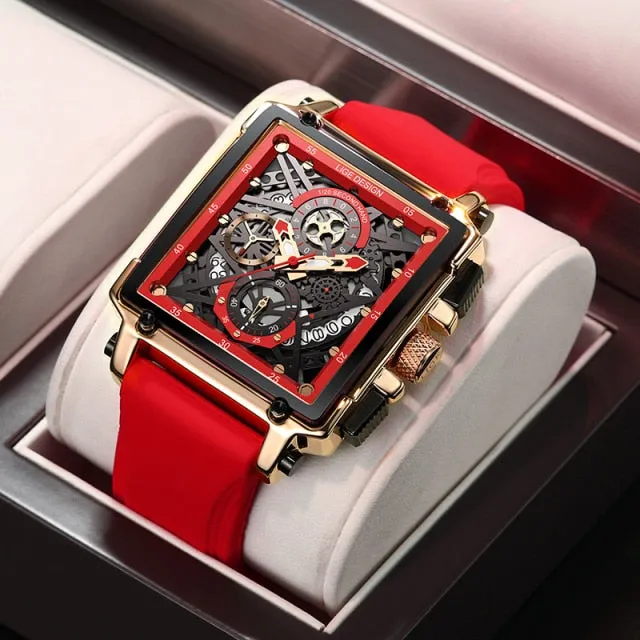 LIGE Men’s Watch Hollow Square Waterproof Sport Fashion Quartz Silicon Strap Wristwatch