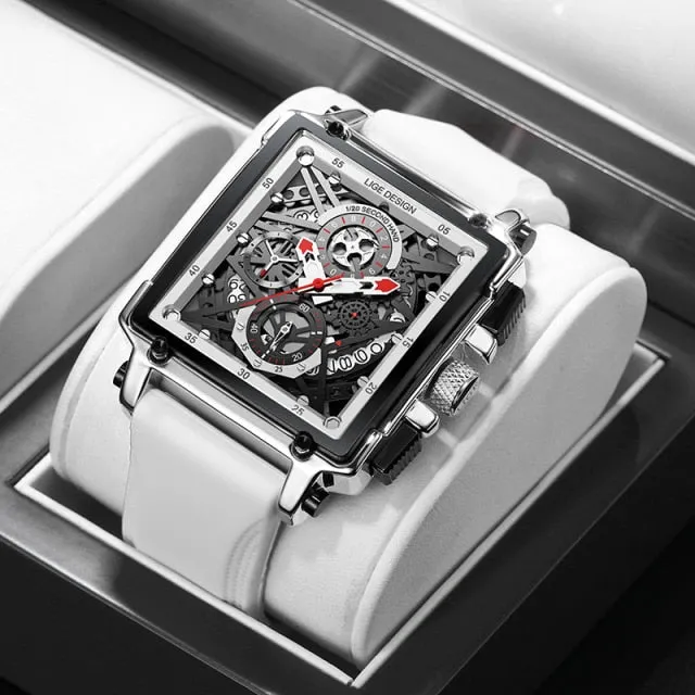 LIGE Men’s Watch Hollow Square Waterproof Sport Fashion Quartz Silicon Strap Wristwatch