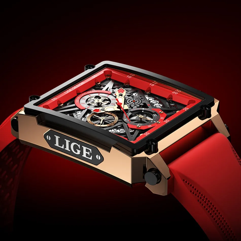 LIGE Men’s Watch Hollow Square Waterproof Sport Fashion Quartz Silicon Strap Wristwatch