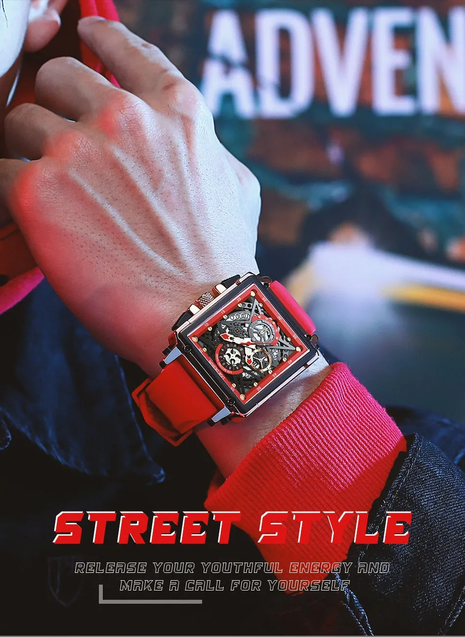LIGE Men’s Watch Hollow Square Waterproof Sport Fashion Quartz Silicon Strap Wristwatch