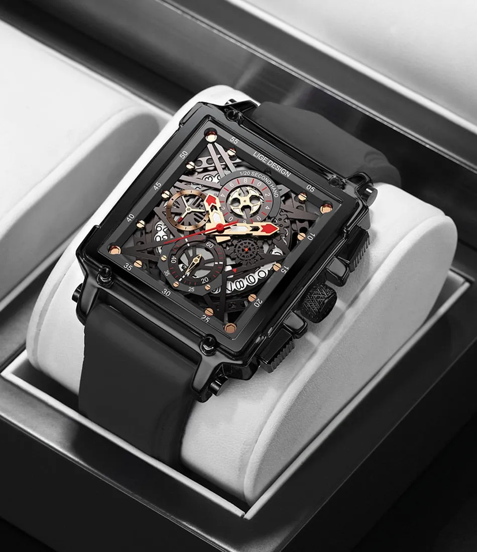 LIGE Men’s Watch Hollow Square Waterproof Sport Fashion Quartz Silicon Strap Wristwatch
