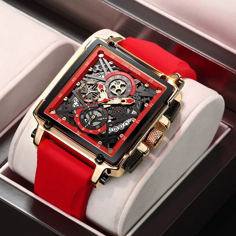 LIGE Men’s Watch Hollow Square Waterproof Sport Fashion Quartz Silicon Strap Wristwatch