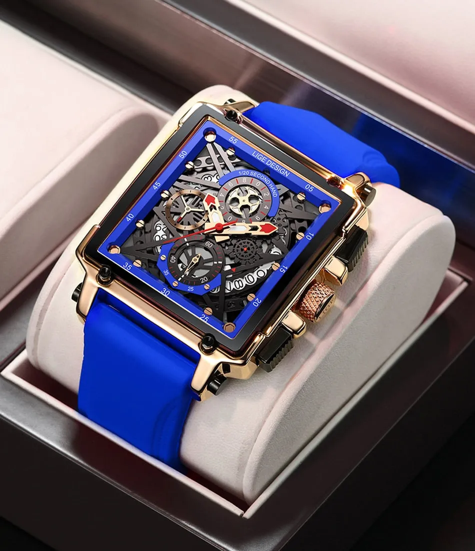 LIGE Men’s Watch Hollow Square Waterproof Sport Fashion Quartz Silicon Strap Wristwatch