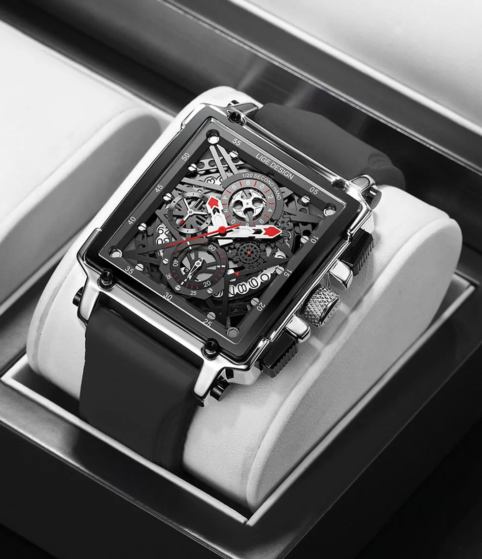 LIGE Men’s Watch Hollow Square Waterproof Sport Fashion Quartz Silicon Strap Wristwatch