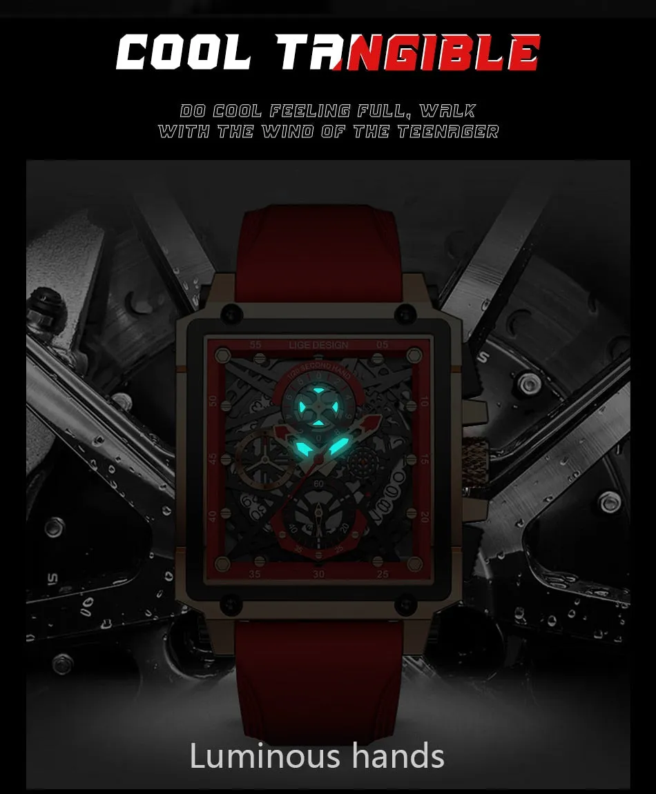 LIGE Men’s Watch Hollow Square Waterproof Sport Fashion Quartz Silicon Strap Wristwatch