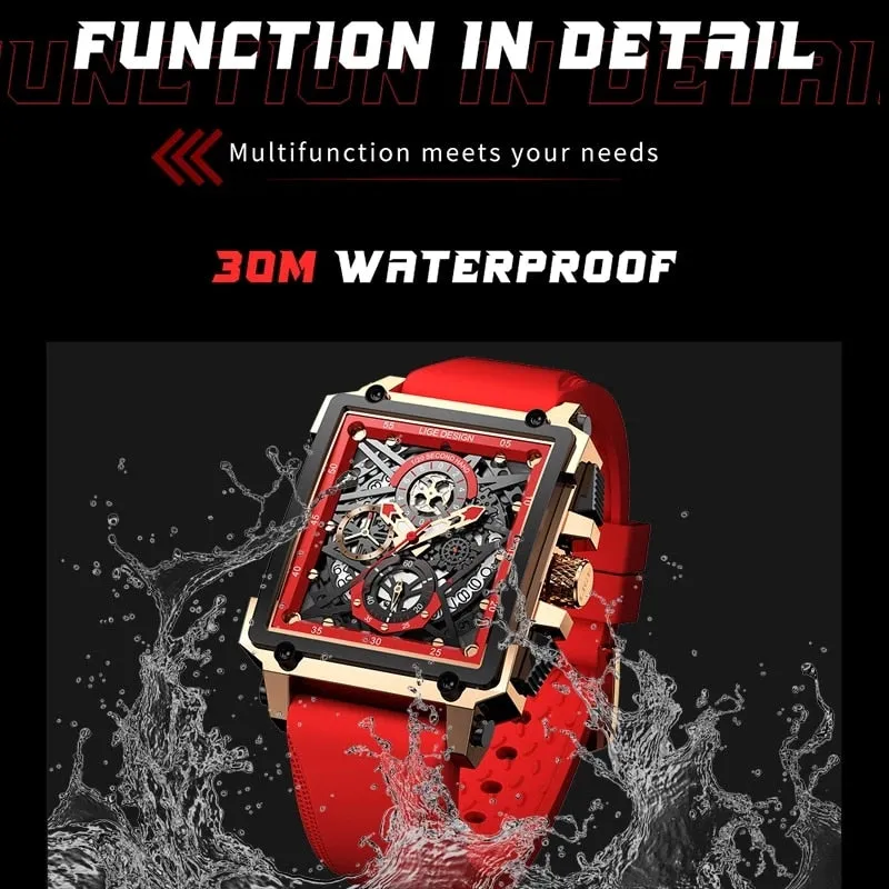 LIGE Men’s Watch Hollow Square Waterproof Sport Fashion Quartz Silicon Strap Wristwatch