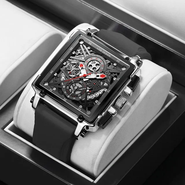 LIGE Men’s Watch Hollow Square Waterproof Sport Fashion Quartz Silicon Strap Wristwatch