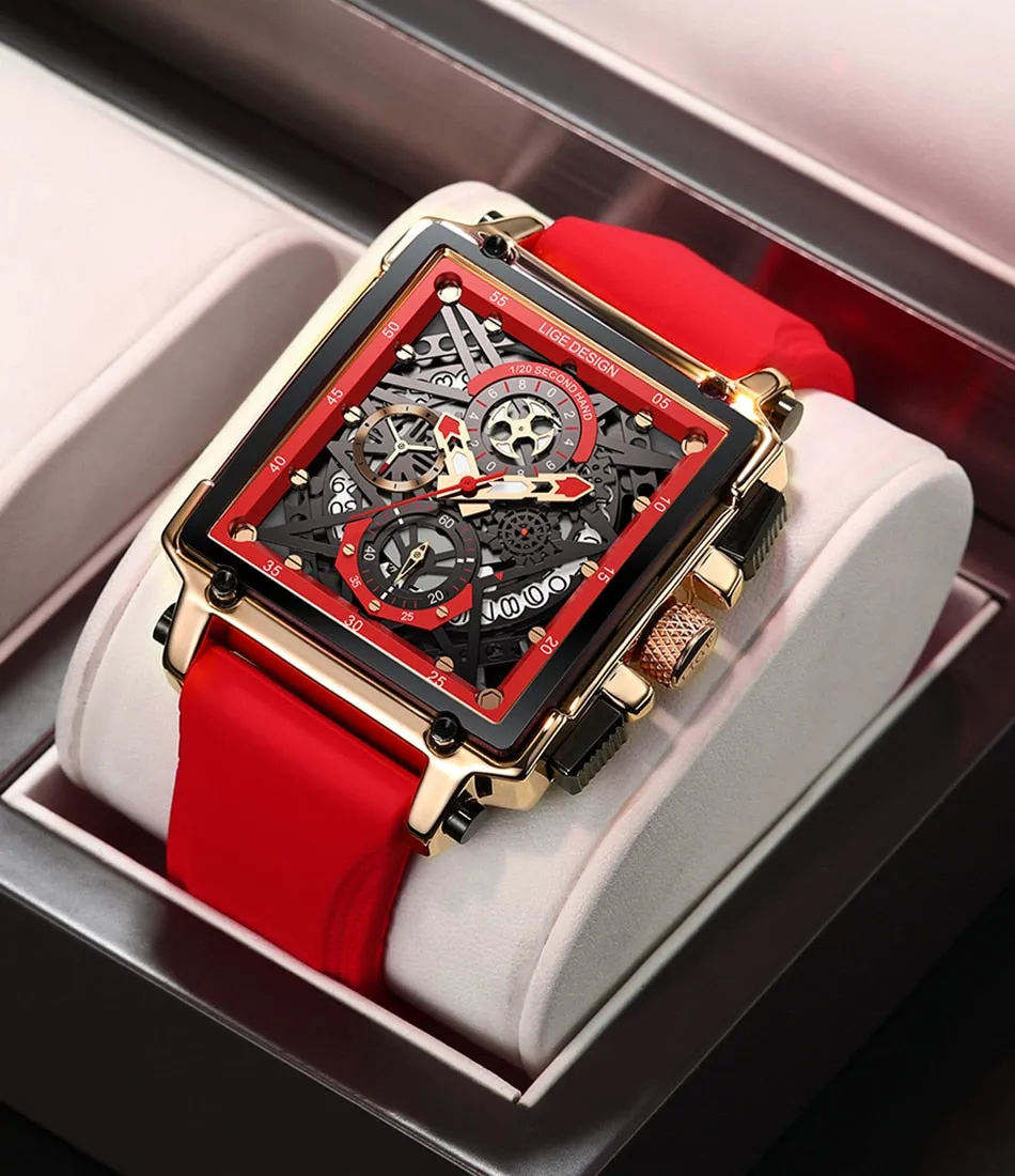 LIGE Men’s Watch Hollow Square Waterproof Sport Fashion Quartz Silicon Strap Wristwatch