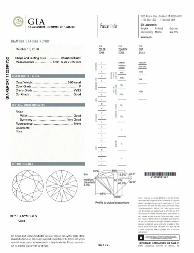 Loose Diamond GIA Certified Natural Round Cut F Color VVS2 Clarity 0.53 CT