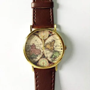 Map Watch, Vintage Style Leather Watch