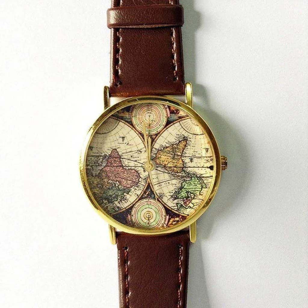Map Watch, Vintage Style Leather Watch