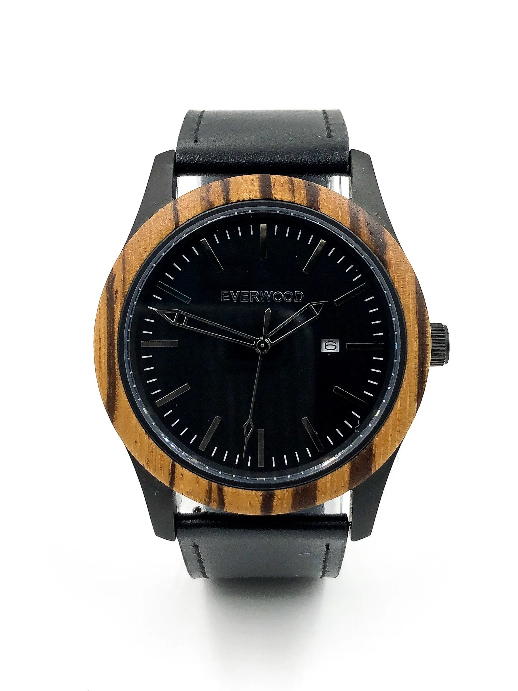Mens Wood Watches | Zebrawood | Black Leather