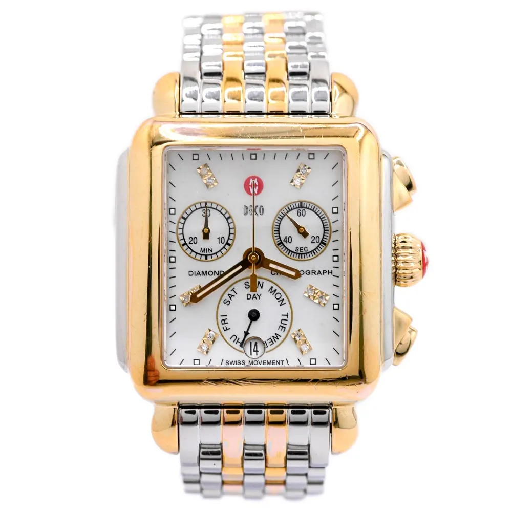 Michele Ladies Deco Diamond Chronograph Two Tone Plated Yellow Gold and Steel 33mm White MOP Diamond Dial Watch Reference #: MW06P00C9046