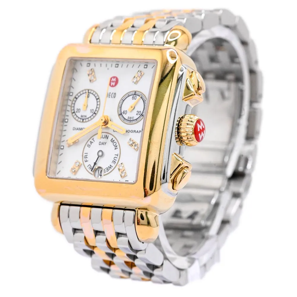 Michele Ladies Deco Diamond Chronograph Two Tone Plated Yellow Gold and Steel 33mm White MOP Diamond Dial Watch Reference #: MW06P00C9046