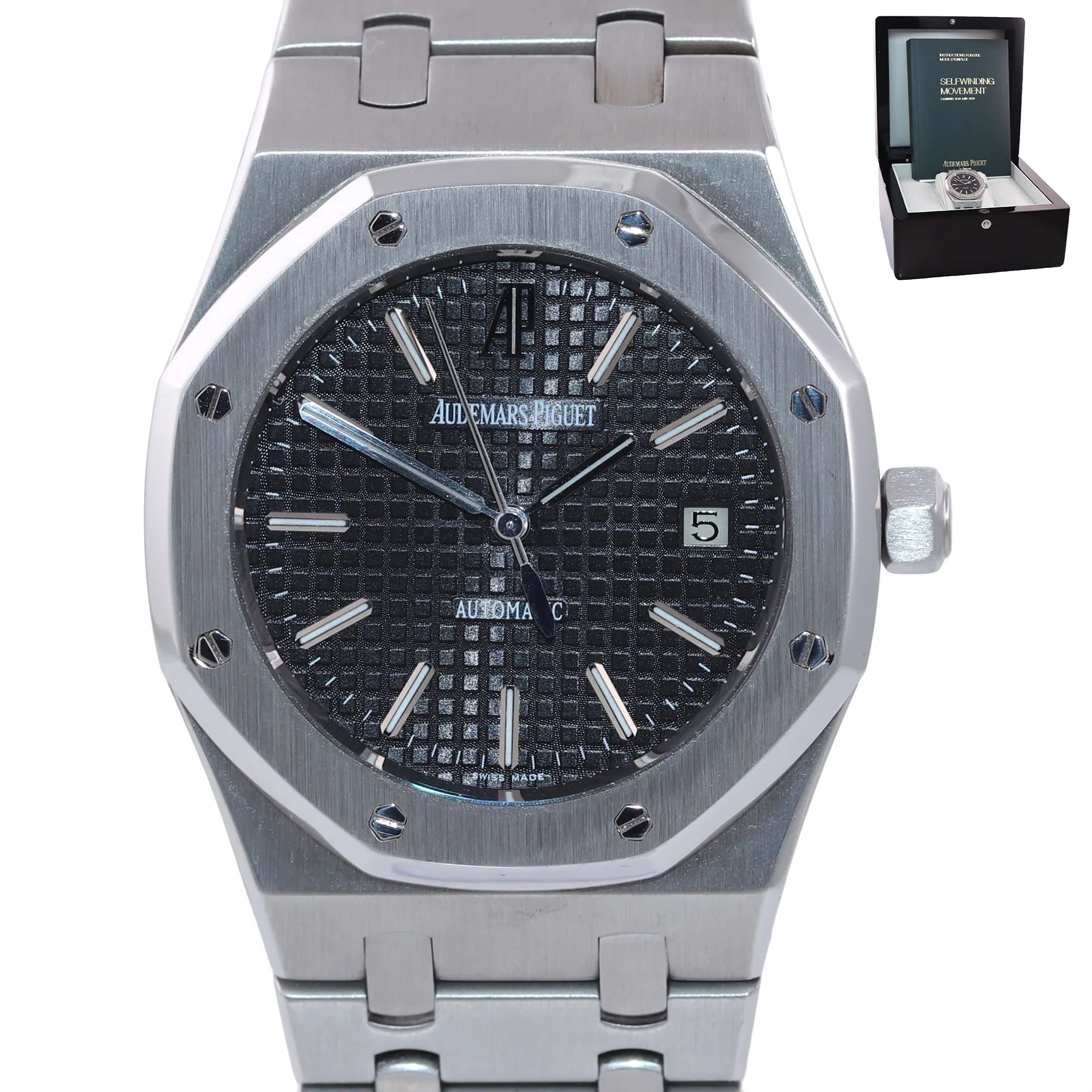 MINT Audemars Piguet Royal Oak Black Stick Dial 39mm Steel 15300 Date Watch Box