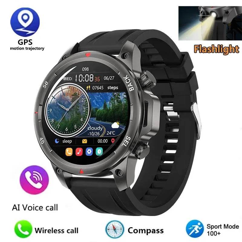 New high-end men's smart Bluetooth call smartwatch IP67 GPS sports fitness 410mAh large battery with flashlight smartwatch