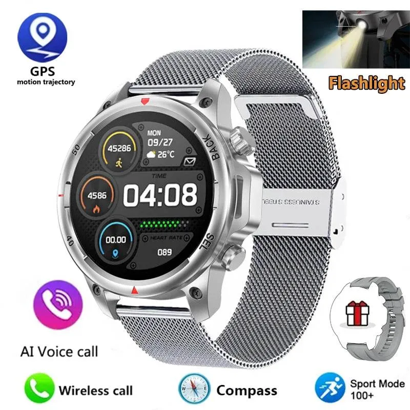 New high-end men's smart Bluetooth call smartwatch IP67 GPS sports fitness 410mAh large battery with flashlight smartwatch