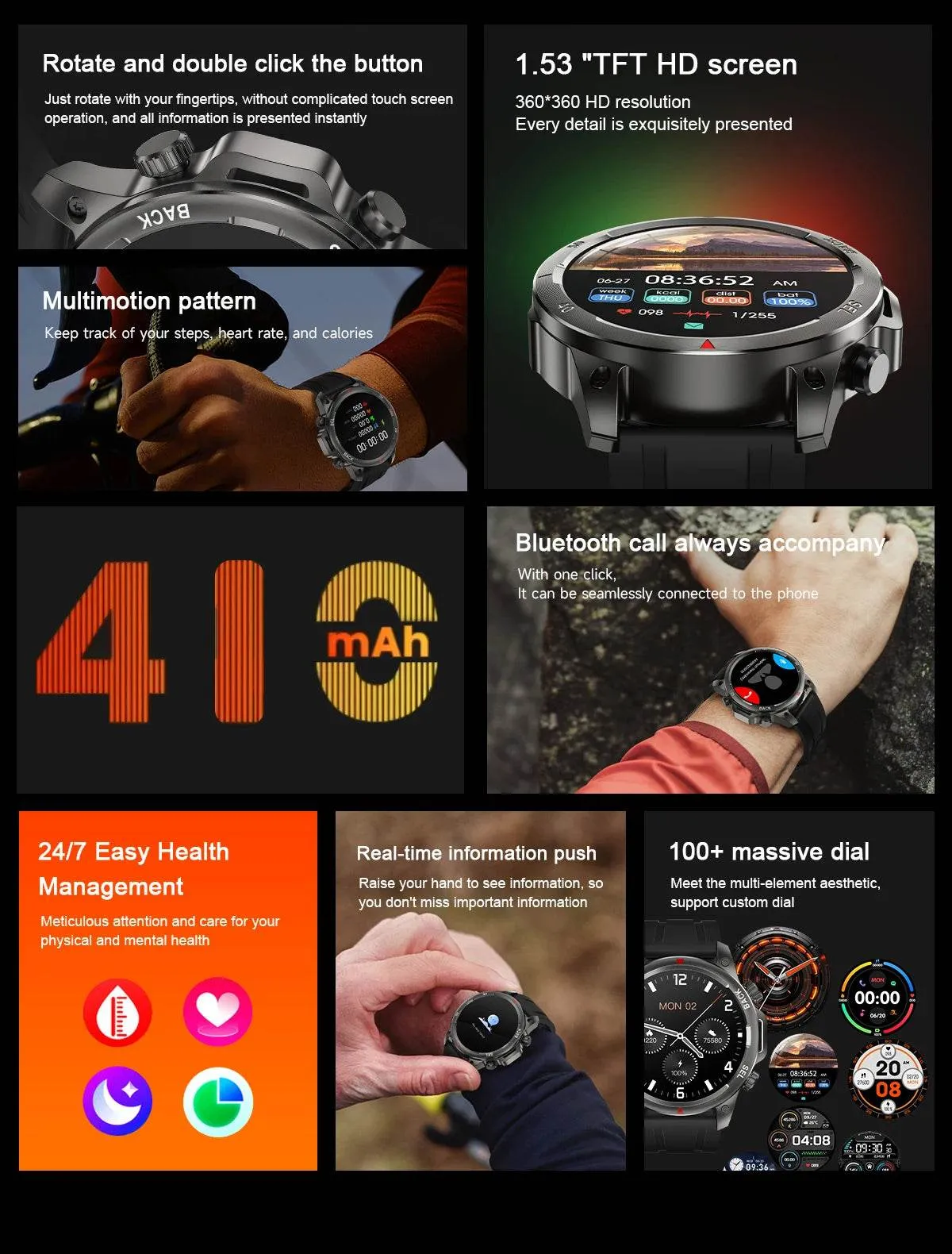 New high-end men's smart Bluetooth call smartwatch IP67 GPS sports fitness 410mAh large battery with flashlight smartwatch