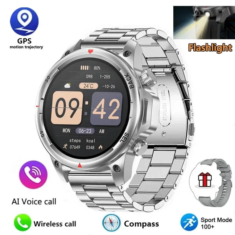 New high-end men's smart Bluetooth call smartwatch IP67 GPS sports fitness 410mAh large battery with flashlight smartwatch